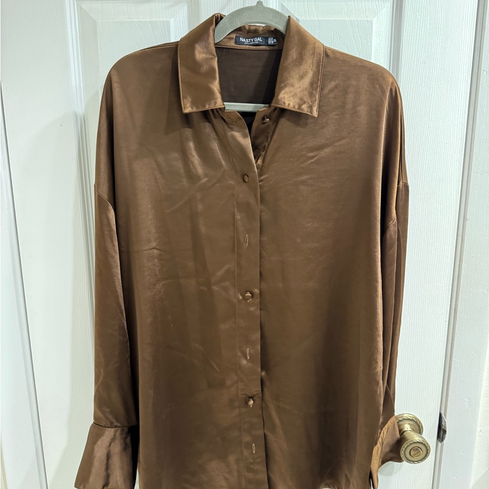 Nasty Gal Brown Satin-Look Boyfriend Button-Down Shirt
